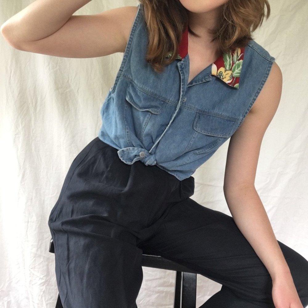 denim cropped tank top Hawaiian pattern collar